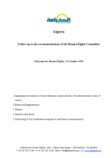 Algeria: Human Rights Committee - 3rd Review - Alkarama's Follow up Report - Nov 2008