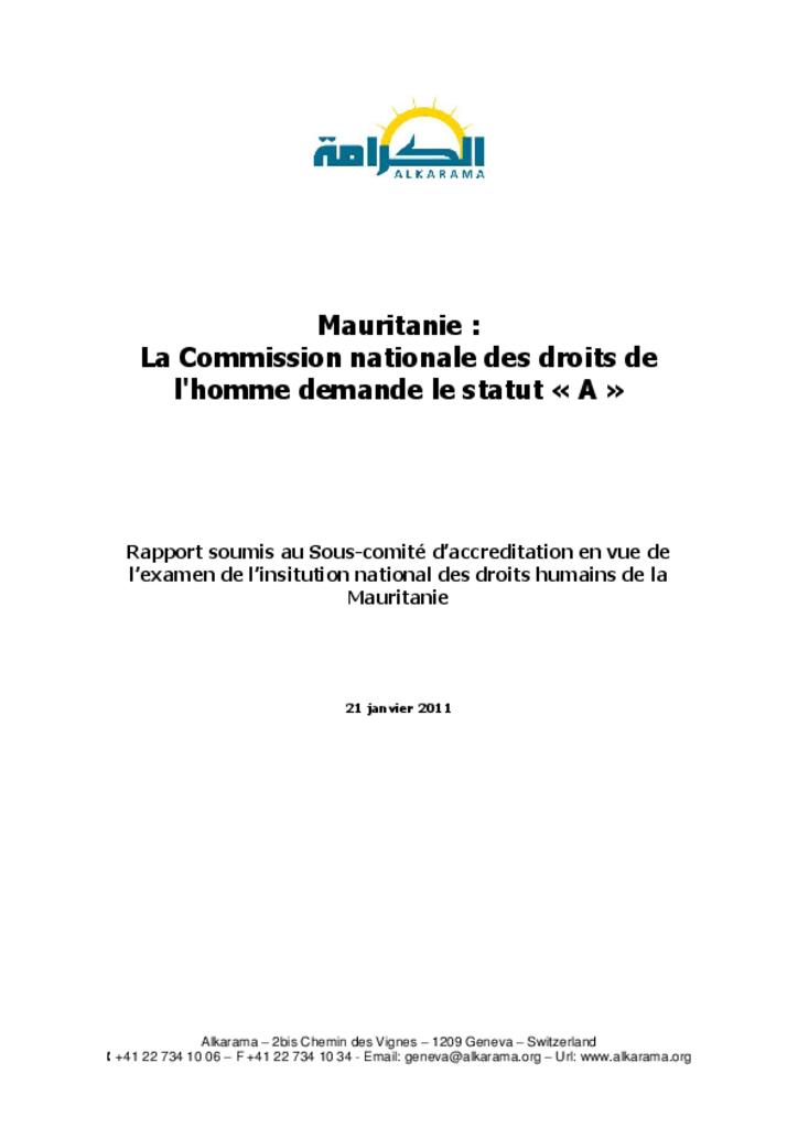 Mauritanie : comité international de coordination des institutions nationales pour la promotion et la protection des droits de l’homme (CIC)- rapport d’alkarama- jan 2011