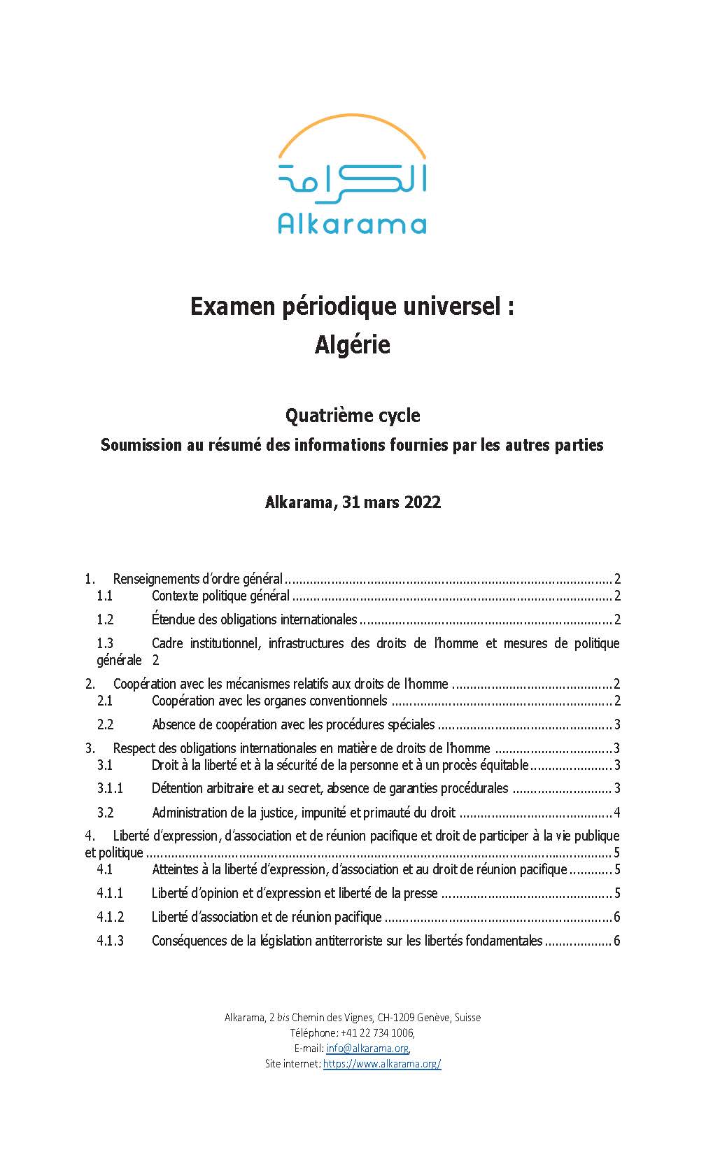 ALGERIA: UNIVERSAL PERIODIC REVIEW 2022 - 4 TH CYCLE - ALKARAMA'S SUBMISSION TO THE STAKEHOLDERS’ SUMMARY