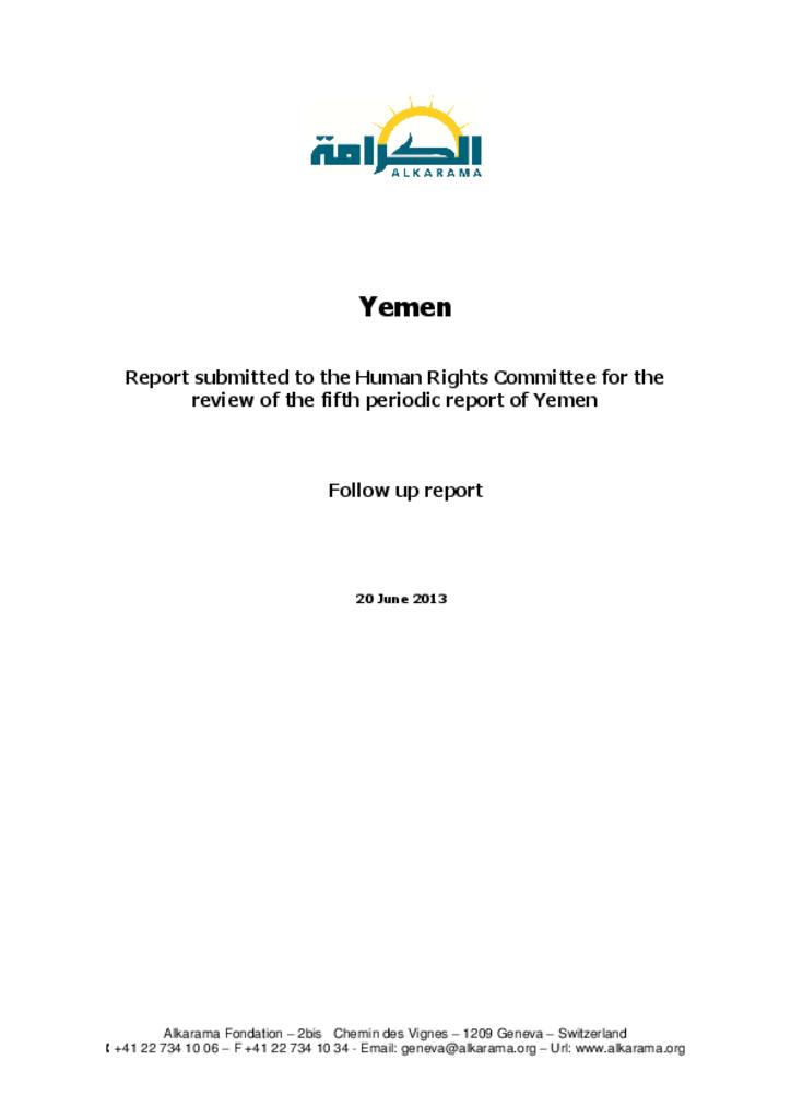 Yemen: Human Rights Committee - 5th Review - Alkarama's Follow up Report - June 2013 