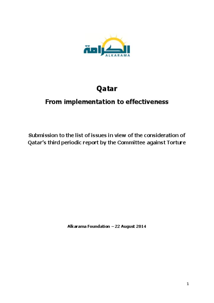 Qatar: Committee against Torture Lebanon: Committee against Torture 3rd review - alkarama's report - Aug 2014