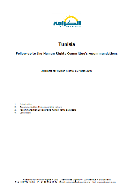 Tunisia: Human Rights Committee - 5th Review - Alkarama's Follow up Report - Mar 2009