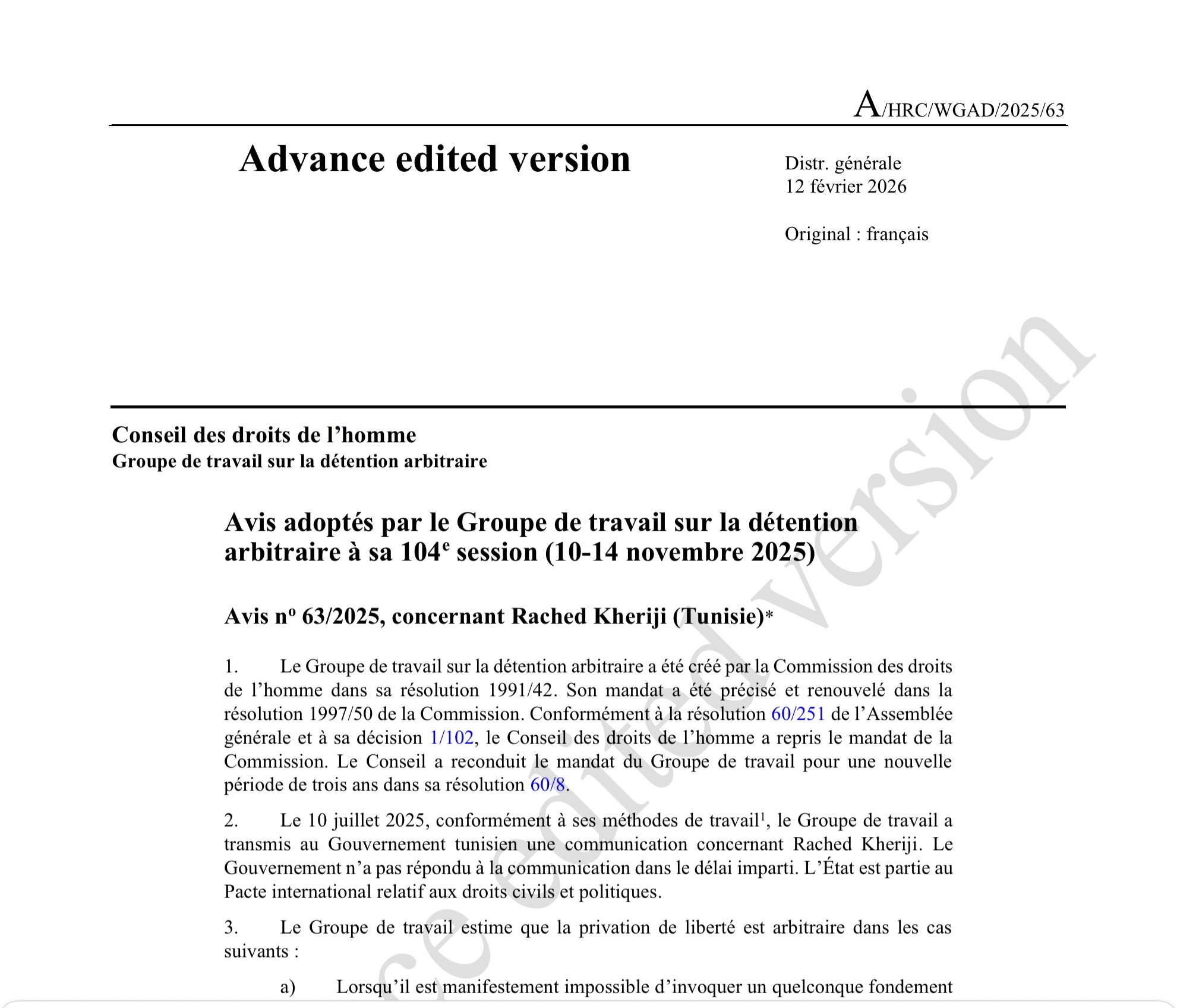 Avis no 63/2025, concernant Rached Kheriji (Tunisie)