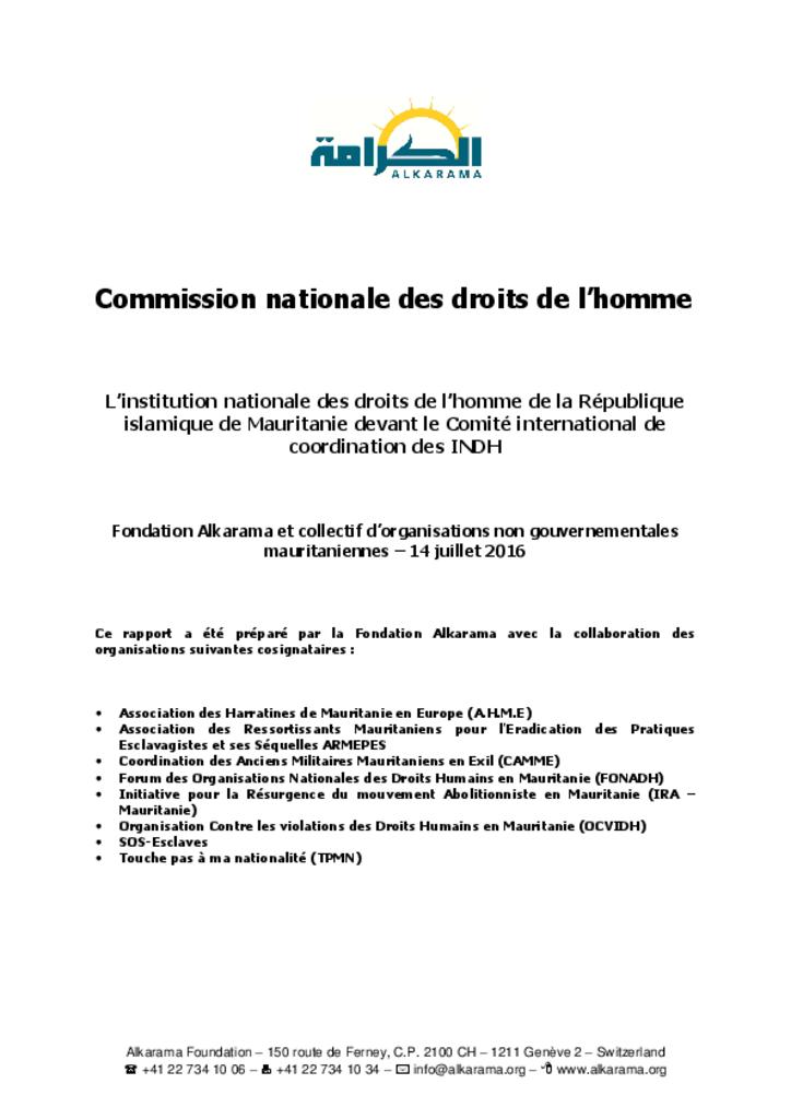 Mauritanie: Institution Nationale des Droits de l'Homme 2016 - Rapport d'Alkarama soumis au Sous-comité d’accreditation en vue de l’examen de l’INDH de la Mauritanie