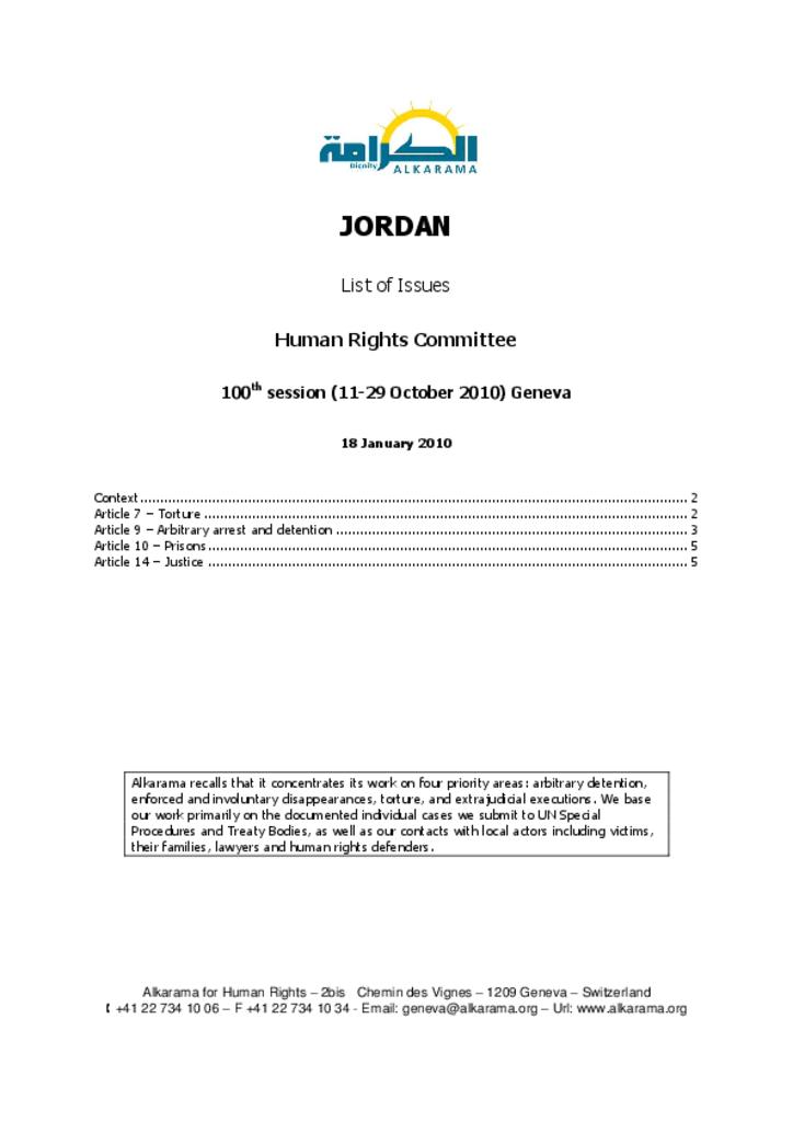 Jordan: Human Rights Committee - 3rd Review - Alkarama's List of Issues - Jan 2010