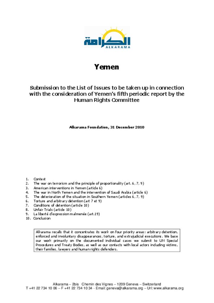 Yemen: Human Rights Committee - 5th review - Alkarama's list of issues - Dec 2010