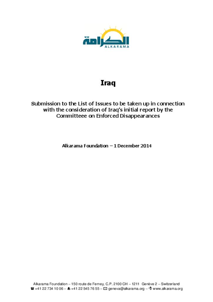 Iraq: Iraq: Committee on Enforced Disappearances - 1st review - Alkarama's List of Issues - Dec 2014